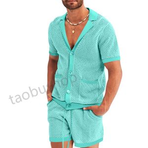 Conjunto de pantalones cortos de manga corta para hombre, conjunto fino informal de tela con agujeros, novedad de verano 2024