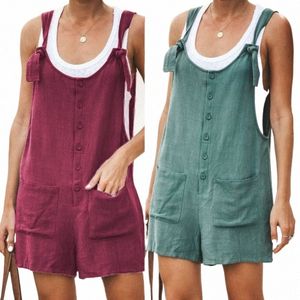 2024 Zomer Nieuwe Effen Kleur Ronde Hals Butt Losse Korte Jumpsuit Casual Pocket Plus Size Sleevel Vrouwen Rompertjes Speelpakjes c04Z #