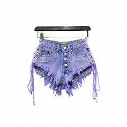 2024 été nouveau short violet pour femme Fi sexy taille basse simple boutonnage a-ligne short en jean avec sangle pantalons chauds femme W5FT #