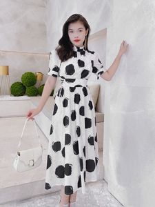 2024 Zomer Polka Dot Print Vrouwen Jurk Stand Kraag Rits Korte Mouwen Vrouw Casual Lange Jurken AS097