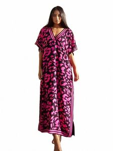 2024 Été Rouge Imprimé Rayures Sexy Col En V Plage Caftan Dr Plus Taille Femmes Vêtements Boho Manches Courtes Maxi Dres Q1609 N0y0 #