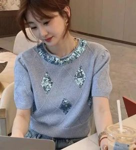 2024 Zomer Pailletten Designer Trui Vrouwen Gebreide T-shirt Truien Elegante Koreaanse Stijl Mode Dames Tops Tees Korte Mouw Jumpers