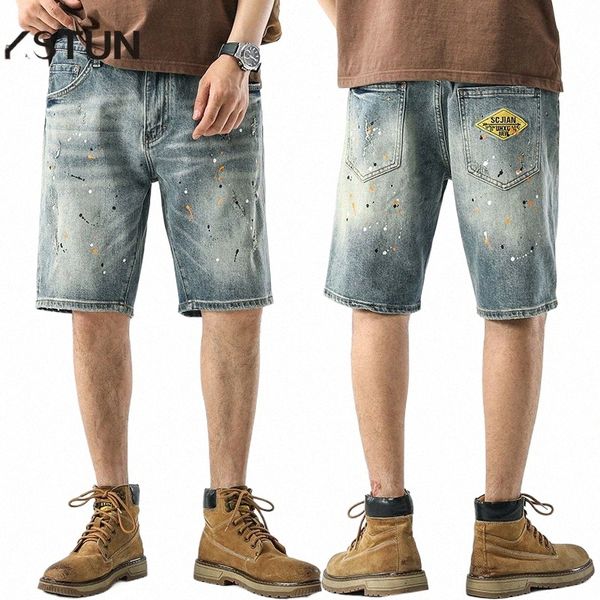 2024 Summer Jeans courts hommes pantalons peinture imprimé bleu clair stretch denim shorts hommes streetwear style punk moto jeans garçon x43l #