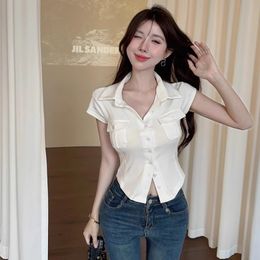 2024 Shirts à manches à manches courtes Summer Femmes de style coréen Polo-Neck Slim mince mince à semestre court tops haut de gamme