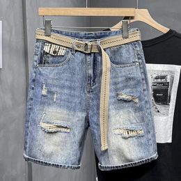 2024 Jeans pour hommes déchirés d'étirement d'été, y compris la ceinture de la ceinture, short denim hip hop décontracté, streetwear mâle 240429