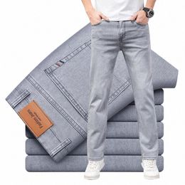 2024 Summer Thin Men's Elastic Cott Jeans Fi Gris Confortable Busin Pantalons décontractés droits Pantalons de marque de haute qualité R0AM #