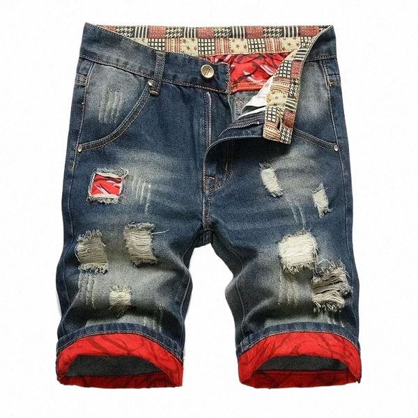 2024 Summer Vintage Wed Hommes Denim Shorts Casual Fi Street Wear Ripped Hole Patchs Distred Male Straight Jeans Shorts 02Py #