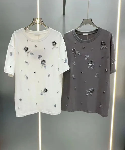 T-shirt à manches courtes et col rond pour femme, 2 couleurs, à la mode, Design floral et à paillettes, ample, de luxe, décontracté, été, 2024