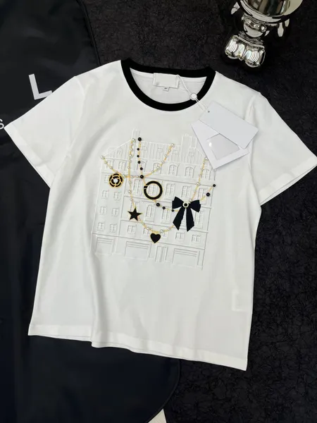2024 Été Femmes Designers Perle Chaîne Arc O-cou T-shirts Mode Couleur Unie Broderie À Manches Courtes T-shirts Dame T-shirts De Luxe Casual Tops T-shirts
