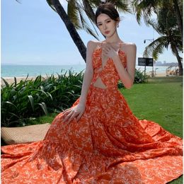 2024 Zomer Women Fashion Orange Print Hollow Out Backless verband Halter Dress Elegant Evening Party Fairy Dresses Bohemian Nieuw