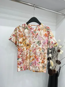 2024 Zomer Women O-Neck T Shirts Fashion Flower Printing Design Design korte mouw T-shirts Lady Loose Tees Luxe casual tops