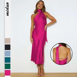 2024 Summer Moda Fomen Diseño Satin Sense División Sexy Vestido de noche francés sin respaldo F51446