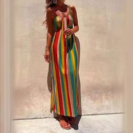 2024 Summer Femme's Hanging Cou Open Back Vertical Stripe Sexy Nightclub Robe