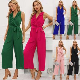 2024 Zomer Dames Nieuwe Mouwloze V-hals Ruche Kant 100 Geplooide Jumpsuit