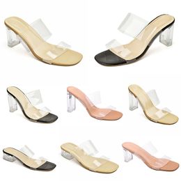 2024 Chaussures féminines d'été Sandales Extravasation épais talons hauts transparents Crystal Talon vif surface noire rose grande taille 35-41 Gai