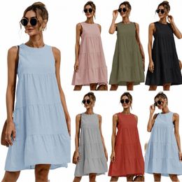 2024 Mujeres del verano Chaleco Dr Cott O-cuello Sleevel Sólido Midi Dr Costura Gran Swing Dres Suelto Sundr Vestidos I2ES #