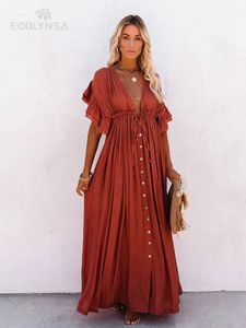 2024 Été Femmes Chic Élégant Bord À Volants Plus Taille Robe Cardigan Sexy Col En V Plage Porter Robes Maxi Tunique Tenues Q1208 240312