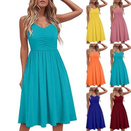 Robe d'été pour femmes, couleur unie, bretelles Spaghetti, plage décontractée, ample, ligne A, Midi, Camisole, Robe d'été, 2024, 240321