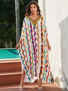 2024 Verano para mujer con cuello en V Falda larga bohemia Kaftan Color vibrante Traje de baño Flip House Robe Outfit Vestidos de playa Q1594 240229