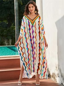 2024 Zomer Dames V-hals Bohemian Lange Rok Kaftan Levendige Kleur Badpak Flip Huis Gewaad Outfit Strand Jurken Q1594 240229