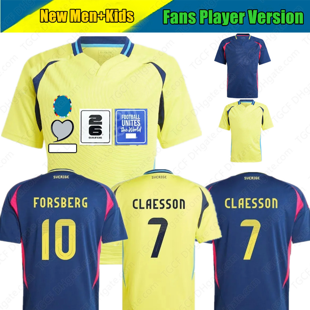 2024 Jersey de futebol da Copa da Copa do Euro 2024 Ibrahimovic 2025 Seleção nacional sueca 24/25 Camisa de futebol Kit Kit Set Home Yellow Away Navy Blue Mens Uniforme Larsson Forsberg