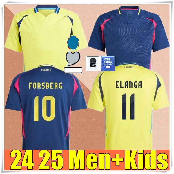 2024 Jersey de football de Suède Ibrahimovic 24 25 Kit d'enfants de chemise de football Retour à la maison jaune à l'extérieur du bleu marine Uniforme masculin de l'équipe nationale suédoise Forsberg Larsson Jansson