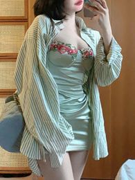 2024 Sweet Floral Robe Set Femme Casual Green Cardigan Elegant Striped Y2K mini robe plage coréen Fashion Kawaii Suite 240423