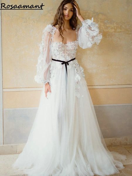 Robes de mariée trapèze avec plumes et fleurs 3D, manches longues, avec ceinture noire, 2024