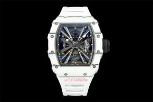 2024 T+ fabriek herenhorloge RM12-01 koolstofvezel kast Tourbillon horloge Ultradun geïntegreerd uurwerk Dikte 13,9 mm Blauwe rubberen band van ontspiegeld glas