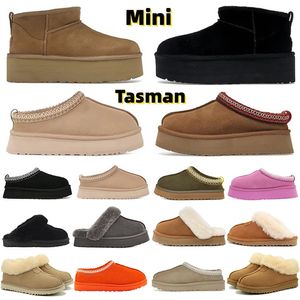 2024 Tasman Tazz Slippers Boots Chesut Fur Glides Sheepskin Shearling Mules Women Men Men Ultra Mini Platform Boot Slip-on schoenen Suede Comfort Fall Winter Booist