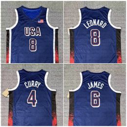 2024 Team USA Kawhi Leonard 6 James 4 Stephen Curry Team Us Paris Mens Blue Basketball Jerseys imprimé