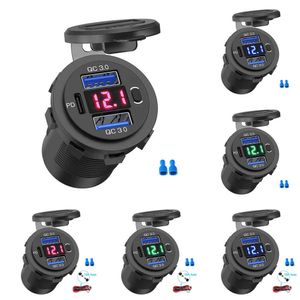 2024 Drie poort 12V / 24V USB-oplader Socket Dual 18W Quick Charge 3.0 20W PD Usb-C voor auto motorfiets met voltmeter en aan / uit-schakelaar