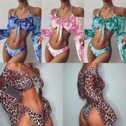 2024 TIE TIED FUBRA Split Swimsuit de manga larga sexy set de tres piezas Patrón de leopardo Bikini F41628