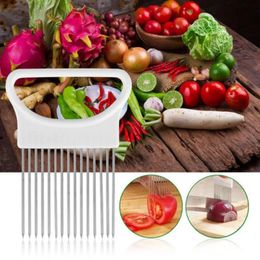 Rebanador de verduras y cebolla para tomate, soporte de ayuda para cortar, guía, cortador para rebanar, tenedor seguro, nuevos utensilios de cocina para cortar acero inoxidable, 2024