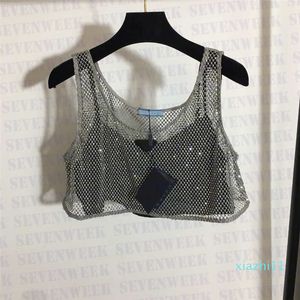 2024 Top Designer Merken met Hoge Kwaliteit Driehoek Badge T-shirts Knipperende Strass Hol Mesh Hemdje Dameskleding Sexy Halter Tanks 51