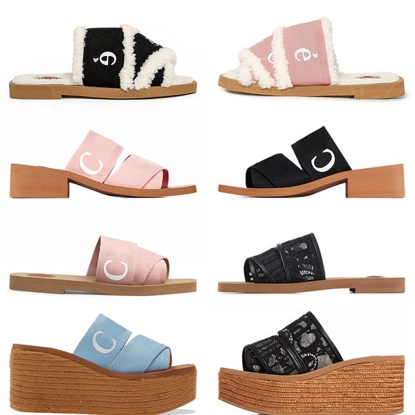 2024 Top OG Woemns Designer Fur Slides Sandales Femmes Rose Chlos Pantoufles Woody Mules Plates Plateforme Brodée Lin Talon Haut Sandale Espadrille Wedge Filles Chaussures