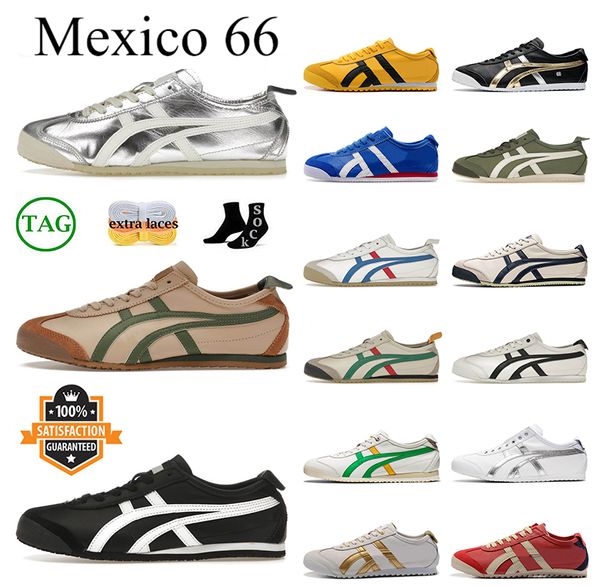 2024 Diseñador de alta calidad Onitsukass Tiger México 66 Zapatos casuales Mujeres Hombres Silver Off Mantle Green Cream Beige 66s Mocasines sin cordones al aire libre Zapatillas de deporte para caminar