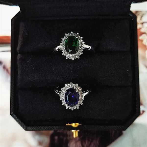 2024 Top vente anneaux de mariage bijoux de mode 925 en argent sterling taille ovale bleu saphir émeraude diamant fête femmes fleur princesse bague pour cadeau de fête des mères