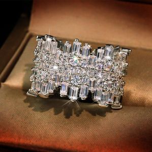 2024 TOP VERKOOP Wedding Rings Sparkling Luxury Sieraden 925 Sterling Silver T Princess Cut White Topaz CZ Diamond Gemstones Party Wome Engagement Onregelmatige Ring Gift