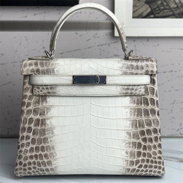 2024 Top Sac à main pour femme Sac à main en cuir de vachette crocodile Entièrement fait à la main Fil de cire cousu Designer de luxe Mode classique Femme Perforé Sans bretelles 30 cm Blanc de l'Himalaya