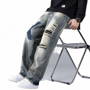 2024 Jeans tendance avec trous, jambe ample et droite pour hommes, patch rétro, pantalon large décontracté LG S-2XL R5Bw #
