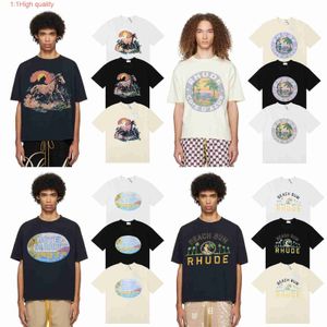 Camisetas de manga corta de algodón puro con estampado de paisaje de árbol de coco para hombre, moda Primavera/Verano, Rhude Lake, 2024