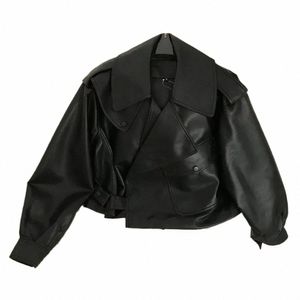 2024 Gire hacia abajo el cuello Nueva PU Chaqueta de cuero de imitación Estilo americano Primavera Mujeres Biker Coat Motocicleta Suelta Ropa de calle Ropa exterior 65TE #