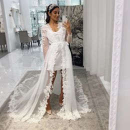 2024 Deux pièces une ligne robes de mariée V couche appliques en dentelle Crystal perles illusion manches longues enveloppe