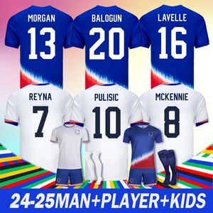 2024 Usas Soccer Jerseys Pulisic Men Kid Kit Adult Kit Reyna Aaronson Weah Acosta McKennie 23 24 Maillot de Futol Ferreira dest Morgan Us une chemise de football Rapinoe Dunn