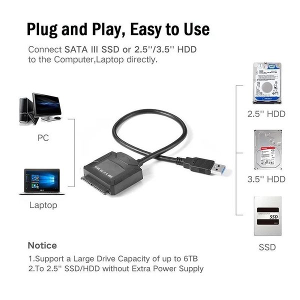 2024 Adaptateur USB 3.0 Câble de disque dur SATA 2,5 / 3,5 pouces Câble de données du disque dur SATA3 USB3.0 Câble d'entraînement facile pour l'adaptateur USB 3.0 SATA Hard