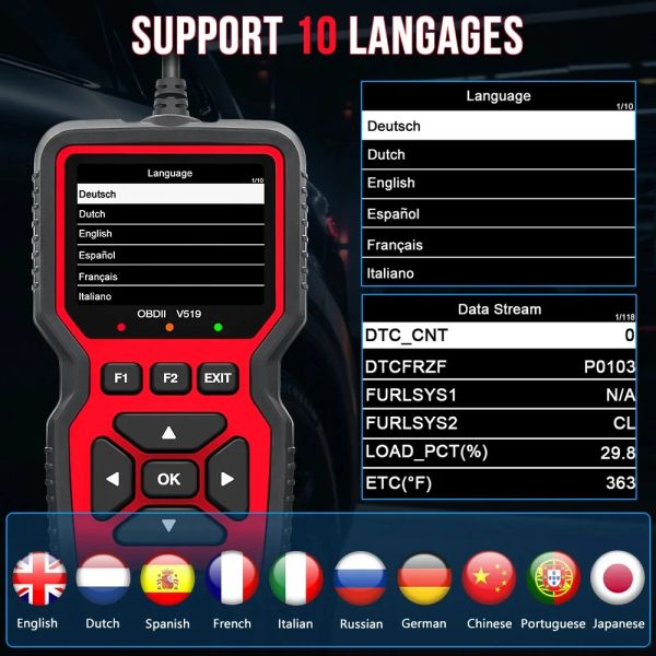 2024 V519 OBD2 Escáner Data Live Data Profesional Código de diagnóstico Mecánico Herramienta Lector para verificar la prueba de voltaje de la batería de luz del motor