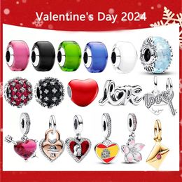 2024 Saint Valentin Nouveau 925 Argent Sterling Changement de Couleur Message Caché Breloques Coeur Logo Original Pavé Mini Breloque En Verre de Murano DIY Fit Bracelet Chaîne Serpent