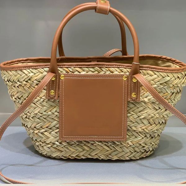 2024 Cesta de verduras Bolsa de paja Bolsas de gran capacidad Bolso de hombro de playa de verano Bolso cruzado para mujer Bolso de viaje con ribete de cuero de vaca tejido de hierba Lafite