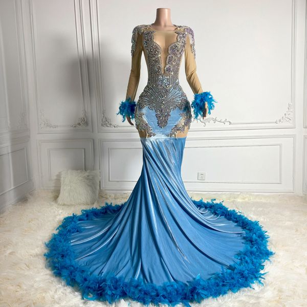 2024 Terciopelo Tallas grandes Vestidos de fiesta Sirena Azul Vestidos de noche con plumas Ilusión Vestidos formales para ocasiones especiales Rhinestones Vestidos de fiesta de cumpleaños AM503